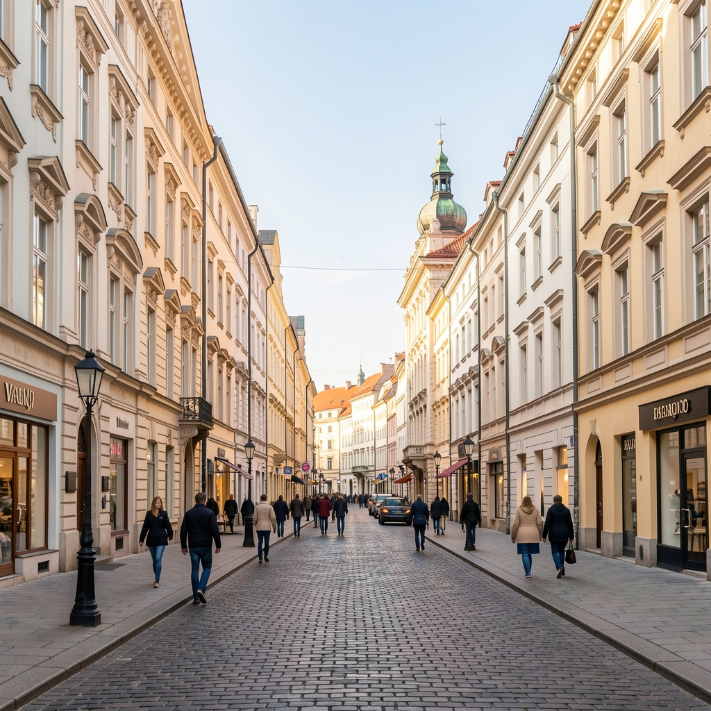 Ulica Obchodná v Bratislave s mestskou architektúrou a chodcami
