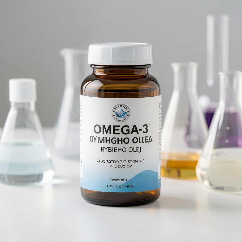 Detail kapsúl Omega-3 a rybieho oleja v laboratórne čistom produktovom aranžmáne