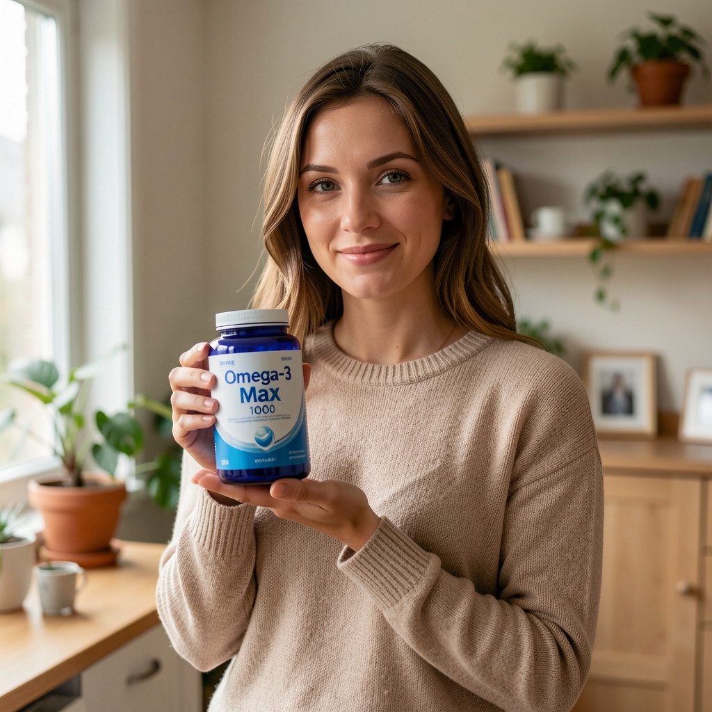 Zákazníčka drží doručené balenie Omega-3 Max 1000 v domácom prostredí