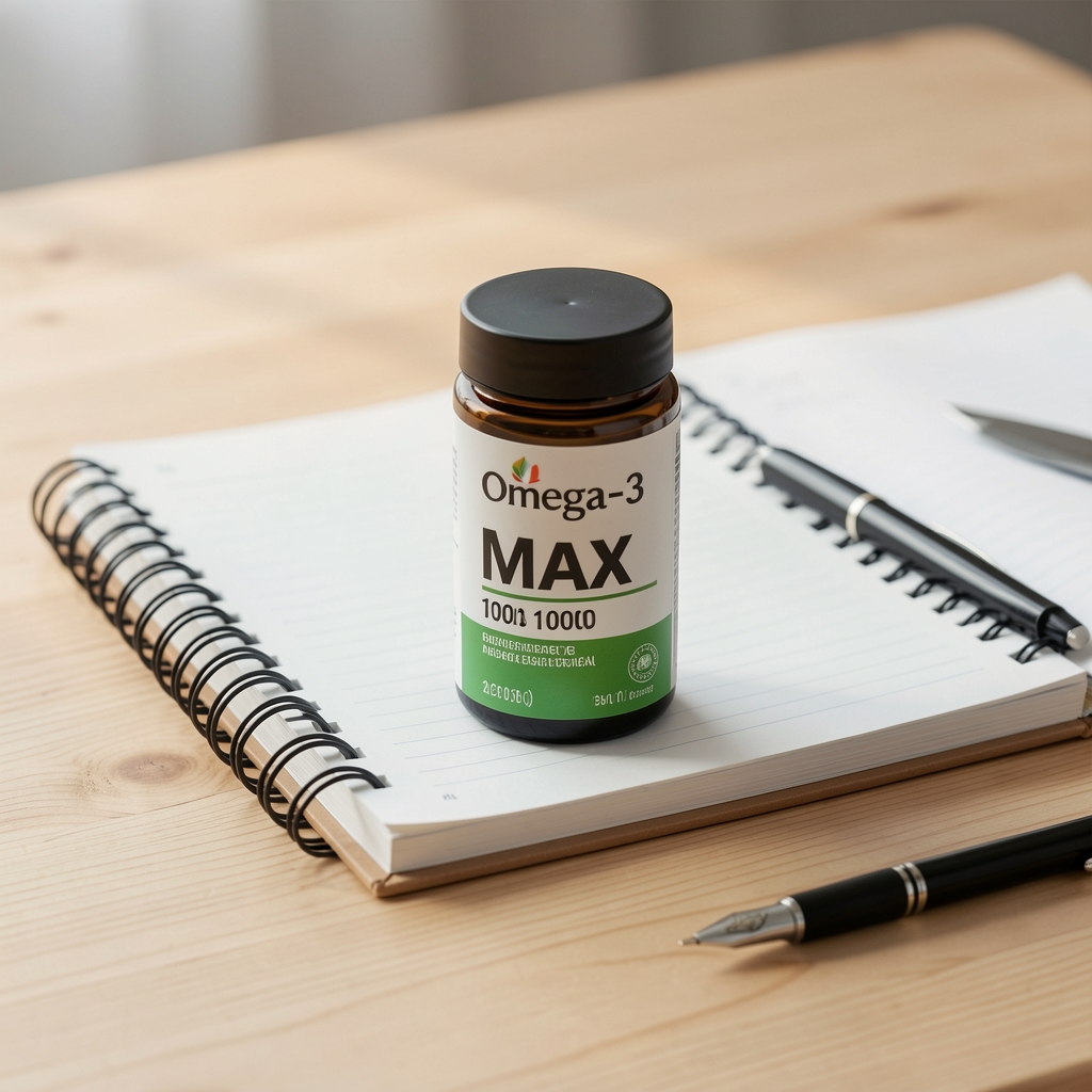 Omega-3 Max 1000 položené pri zápisníku na svetlom drevenom stole