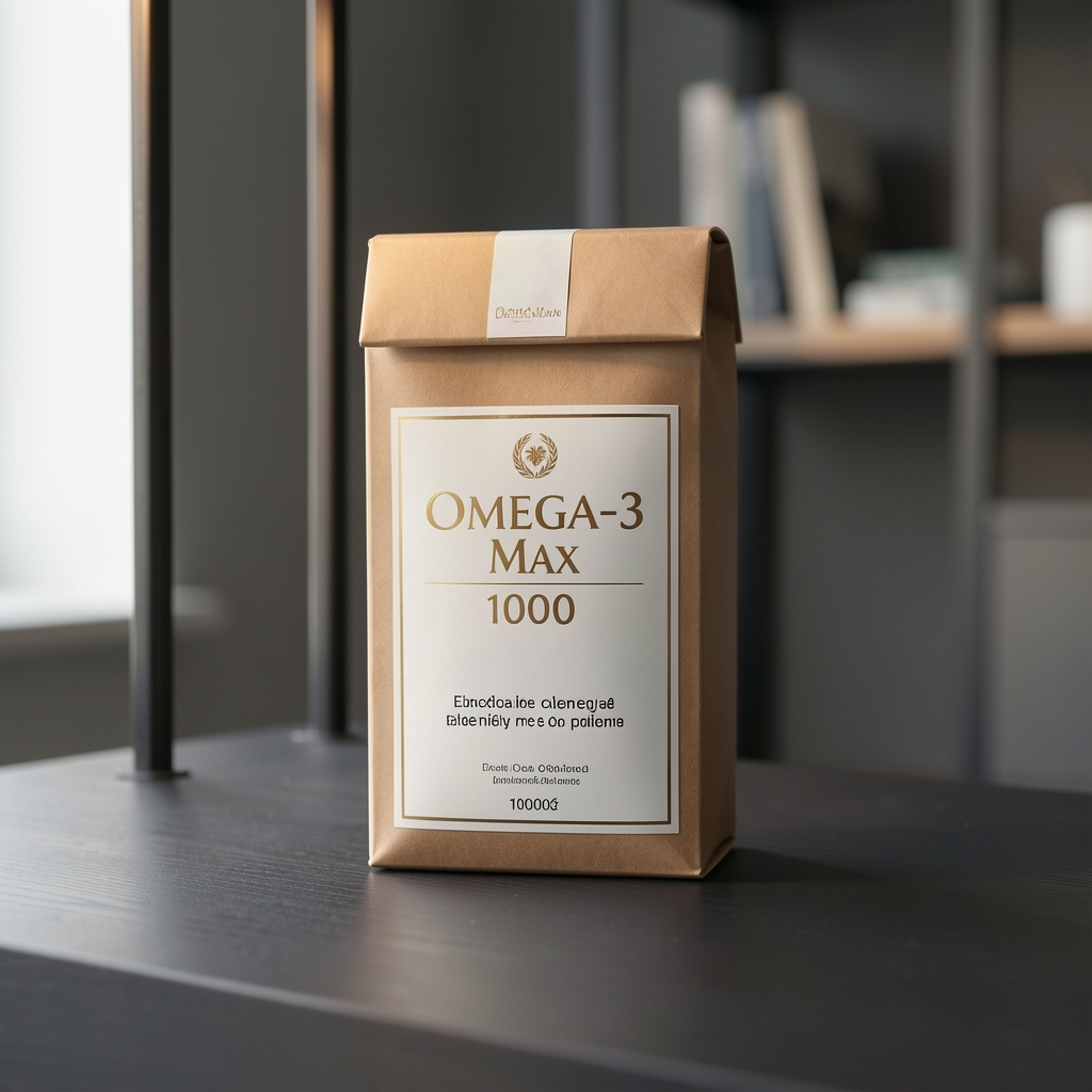 Elegantné balenie Omega-3 Max 1000 na tmavom stole s oceľovým svetlom a detailom etikety