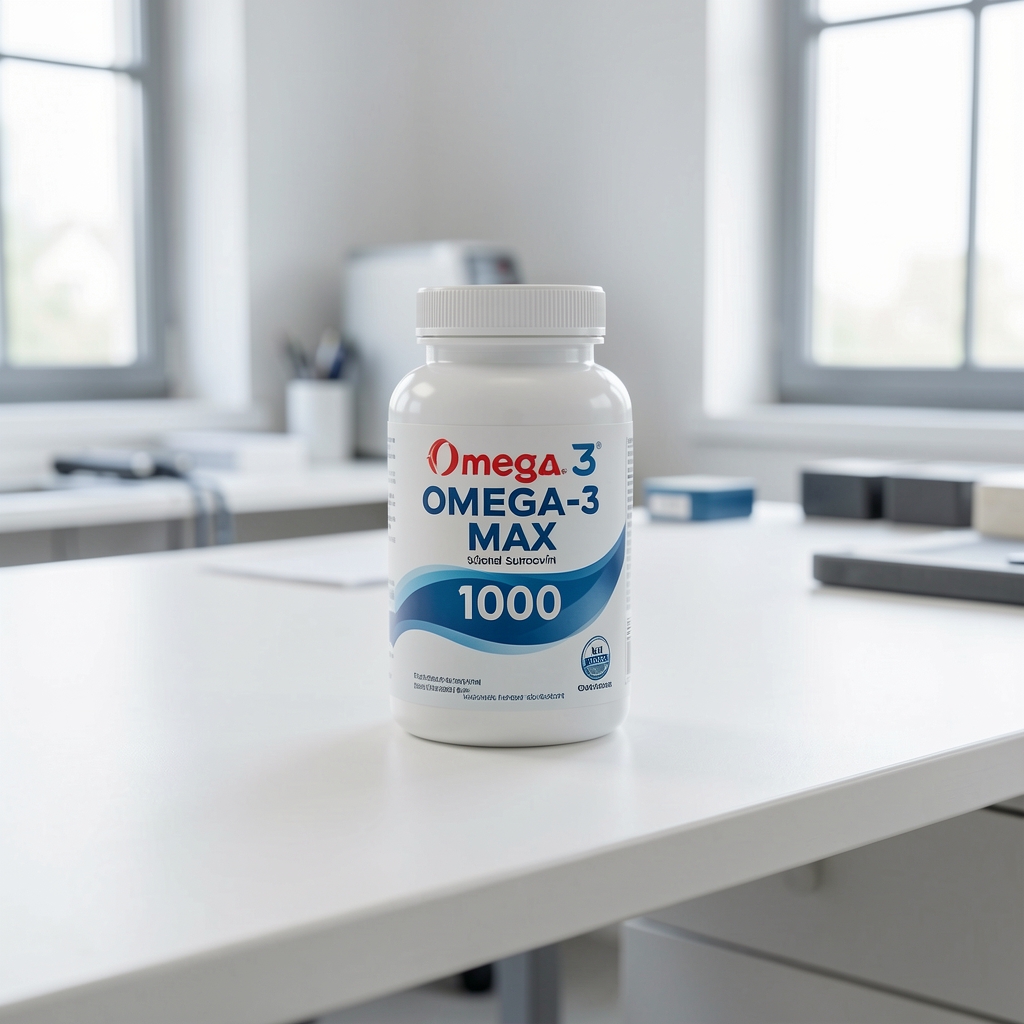Detail surovín a etikety Omega-3 Max 1000 na čistom pracovnom stole