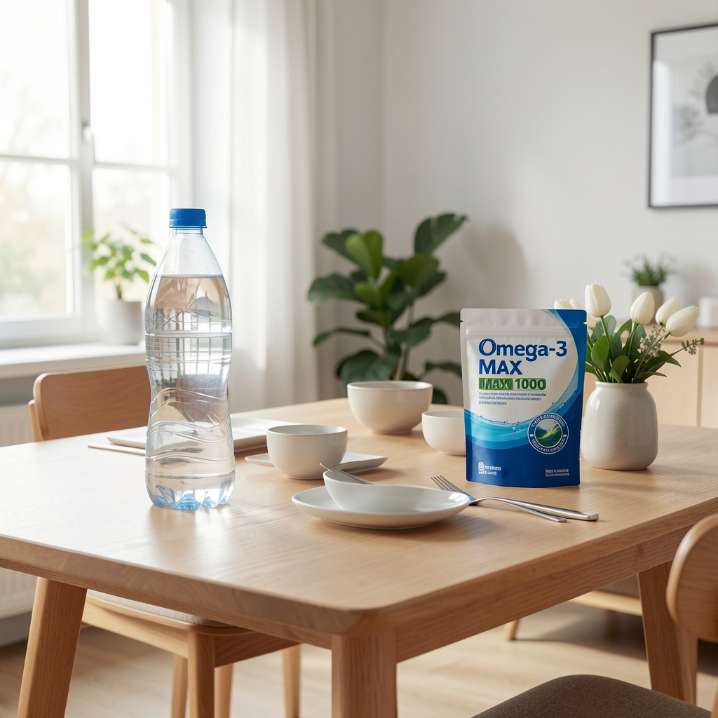 Fľaša vody, raňajkový stôl a balenie Omega-3 Max 1000 v pokojnom rannom interiéri