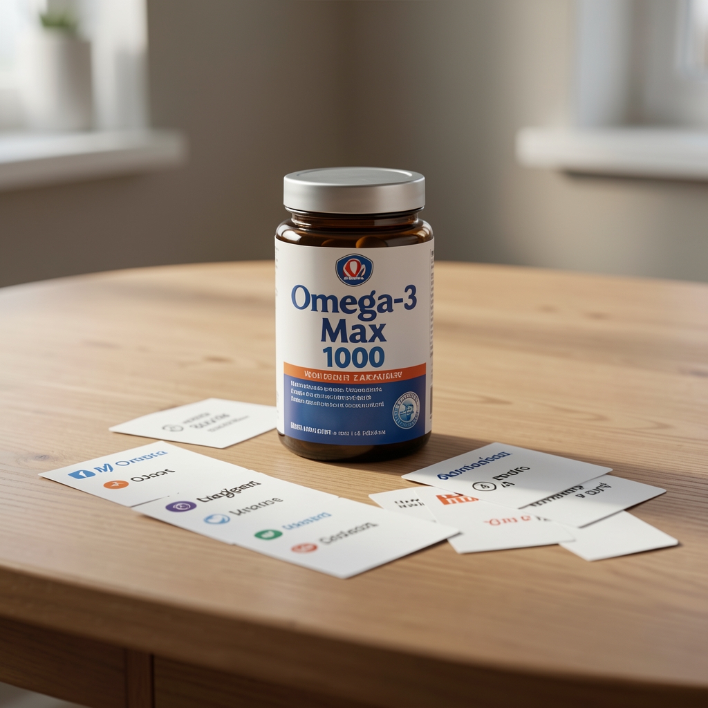 Omega-3 Max 1000 na stole medzi kartičkami s hodnoteniami zákazníkov