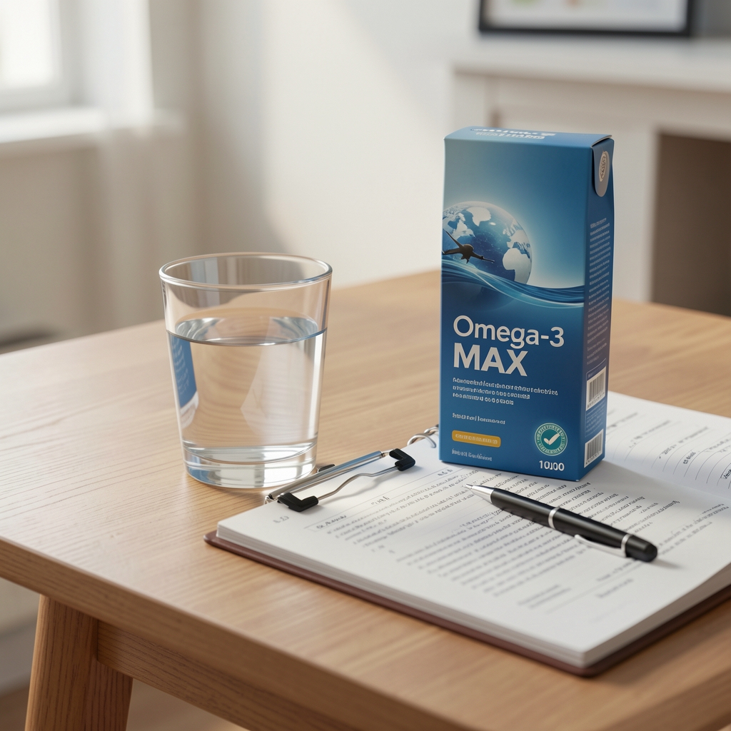 Raňajkový stôl s pohárom vody a balením Omega-3 Max 1000 pri denníku